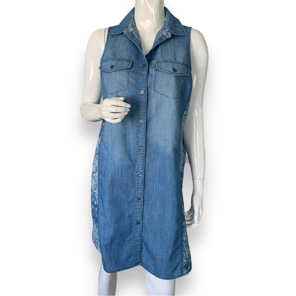 G. KALE SLEEVELESS COTTON BLEND DENIM SHIRT DRESS. WOMEN’S PETITE LARGE